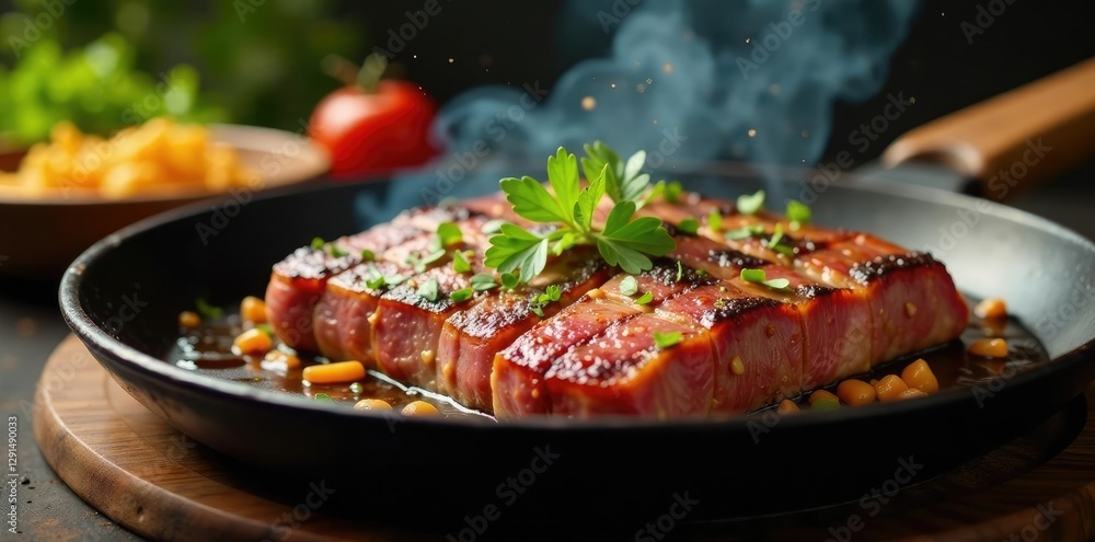 Fototapeta premium Carne de res cocinada en tabla de madera con guarniciones, guarniciones, mesa al aire libre