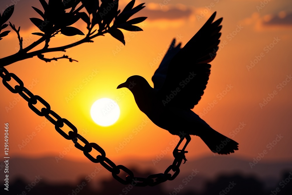 Fototapeta premium Majestic Bird Silhouette Taking Flight at Sunset Breaking Free from Chains