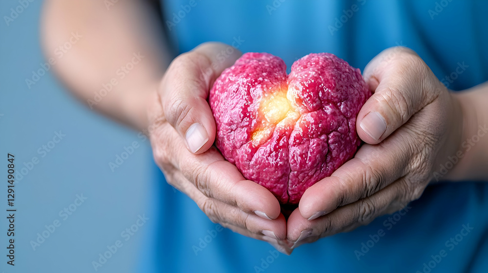Hands holding glowing heart model, health care concept Hands holding glowing heart model, health care concept