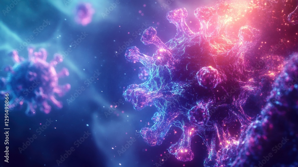 A digital animation of measles virus mutating, microscopic view, neon glow effects, sci-fi theme A digital animation of measles virus mutating, microscopic view, neon glow effects, sci-fi theme