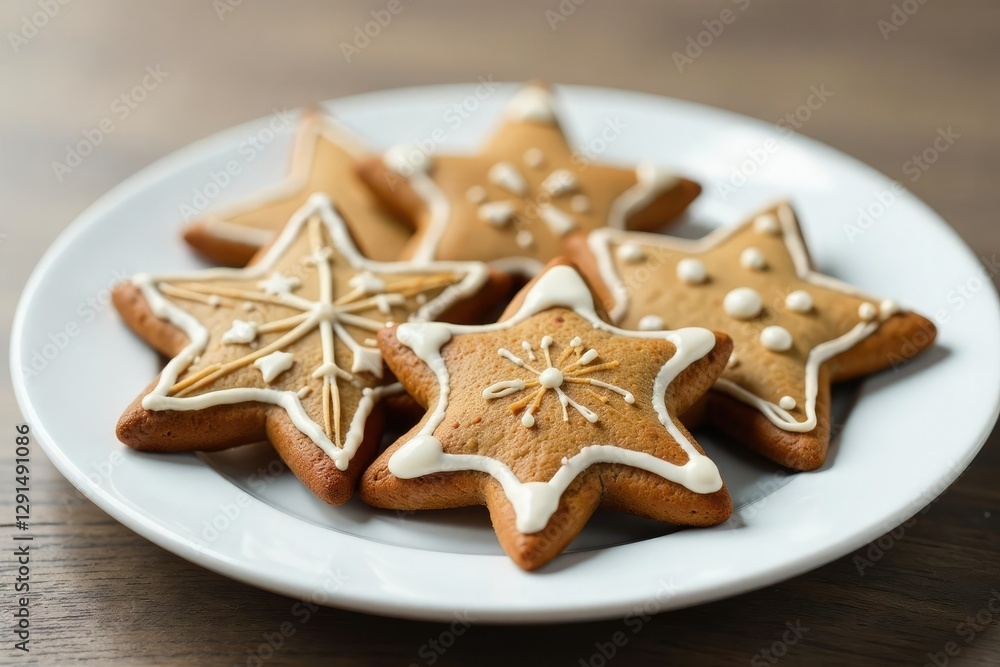 Gingerbread star cookies decorated with white glaze on a plate, dessert, sweet, gingerbread Gingerbread star cookies decorated with white glaze on a plate, dessert, sweet, gingerbread