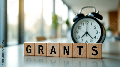 wooden blocks spelling out grants with alarm clock in background