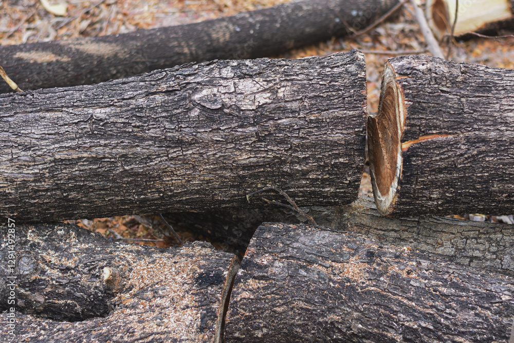 Fototapeta premium Several freshly cut logs are lying on the ground with sawdust around them.