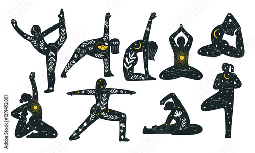 Set with 9 Female silhouettes in different asanas, blooming with flowers, stars and celestials, representing mindfulness, wellness and self love. Hand drawn isolated vector illustrations