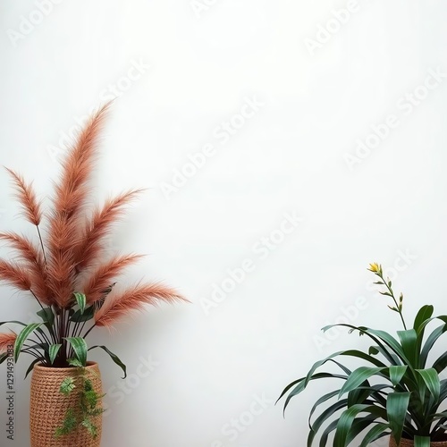 an image of a couple of plants that are in a room, there is a plant in a basket next to a wall photo