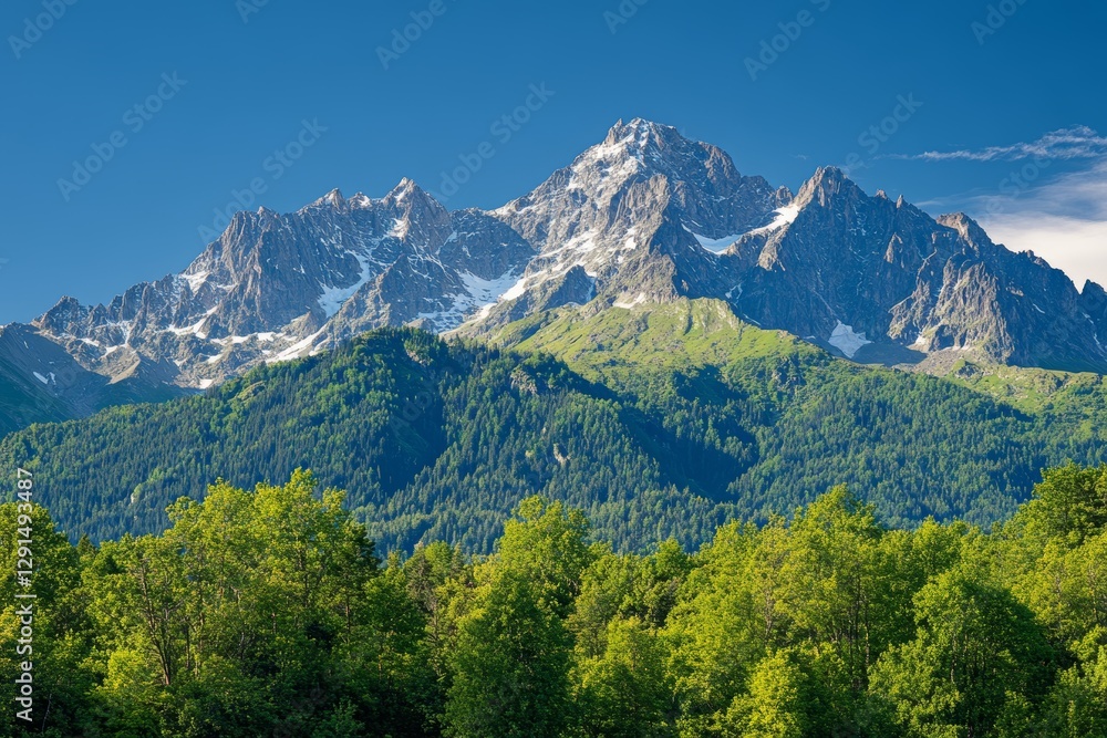 Obraz premium Stunning alpine landscape featuring lush green mountains and rugged rocky peaks in natural light