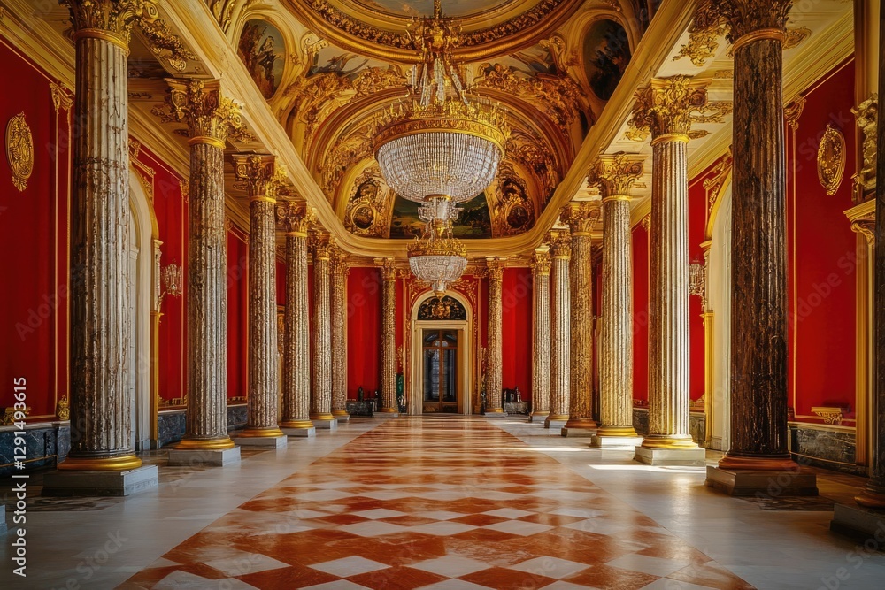 Obraz premium Grand Hall with Red Walls, Gold Accents, and Marble Floor
