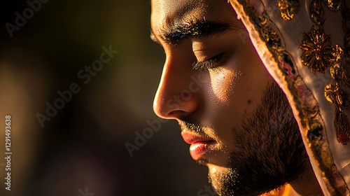 A close-up portrait of a devoted person praying, wearing traditional Islamic attire. 