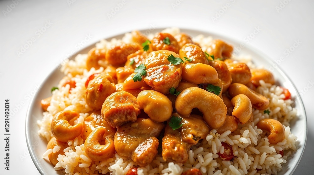 creamy chicken sauté with cashew nuts and rice on a white background creamy chicken sauté with cashew nuts and rice on a white background