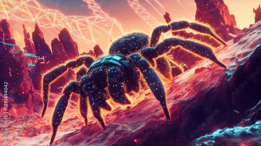A Giant Glowing Spider Crawling On Alien Terrain Surface A Giant Glowing Spider Crawling On Alien Terrain Surface