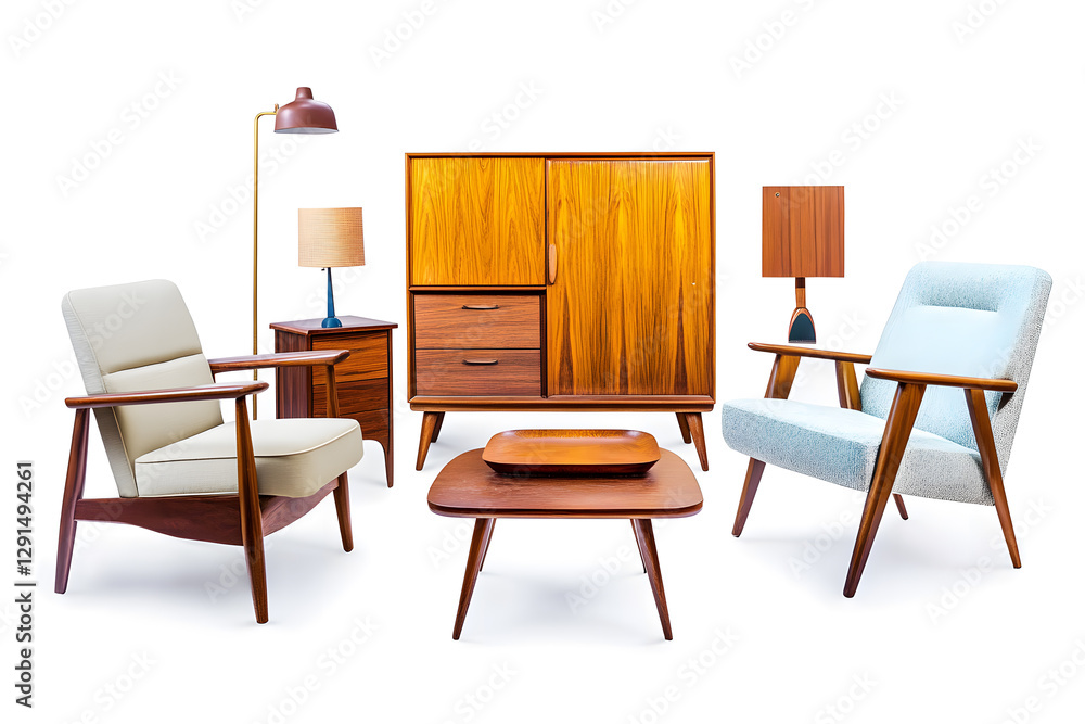 Fototapeta premium Set of trendy sofas, armchairs, with cushions in retro mid-century style. Modern soft furniture collection