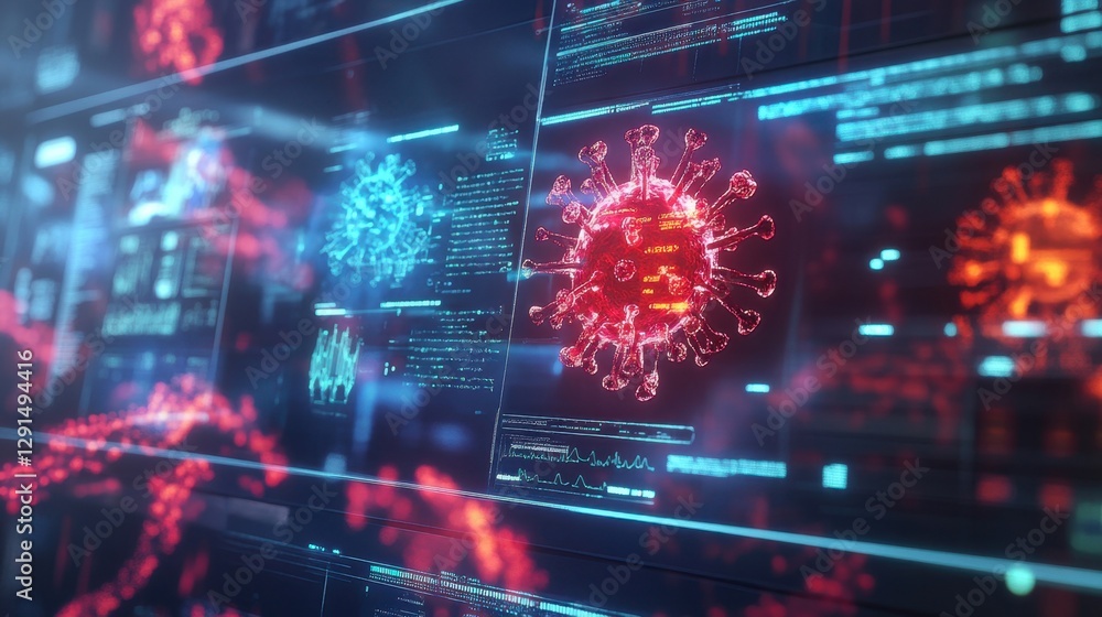 A futuristic holographic display showing measles outbreak data, AI-assisted diagnostics, cyberpunk style