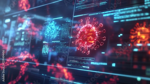 Obraz na płótnie A futuristic holographic display showing measles outbreak data, AI-assisted diagnostics, cyberpunk style w salonie