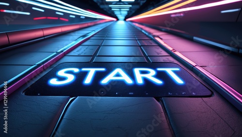 Futuristic illuminated corridor with a glowing 'START' sign on the floor, vibrant neon lights and smooth tile surface