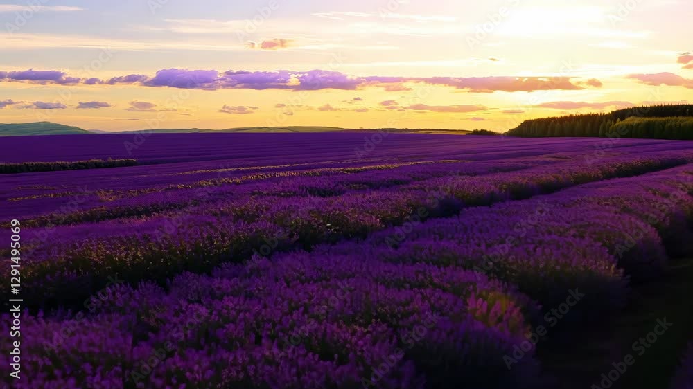 A vast lavender field under a warm sunset sky, with golden hues blending into purple blossoms, creating a serene and picturesque landscape. A vast lavender field under a warm sunset sky, with golden hues blending into purple blossoms, creating a serene and picturesque landscape.