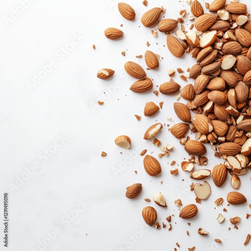 A pile of shelled almonds scattered across a white background, with some rolling to one side.
