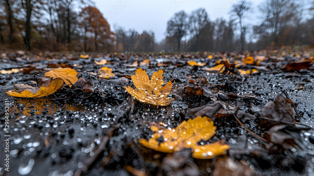 Obraz premium Autumn leaves on wet ground, park background, nature scene, fall wallpaper