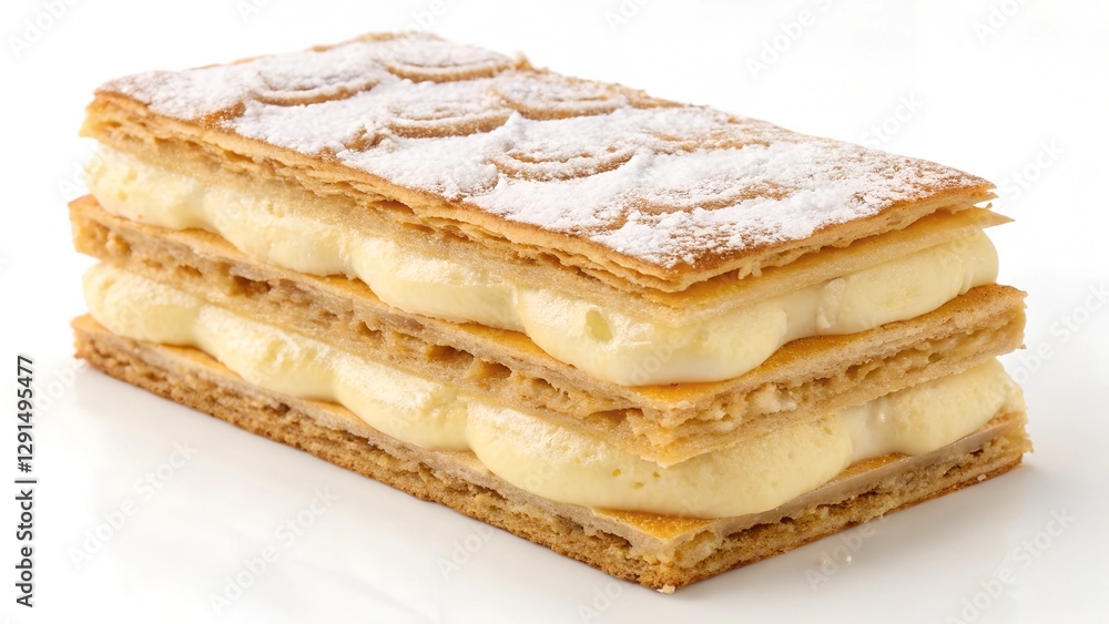 Layers of Delight: Exquisite close-up of a mille-feuille pastry, featuring crisp, golden layers of puff pastry, creamy custard filling, and a delicate dusting of powdered sugar Layers of Delight: Exquisite close-up of a mille-feuille pastry, featuring crisp, golden layers of puff pastry, creamy custard filling, and a delicate dusting of powdered sugar