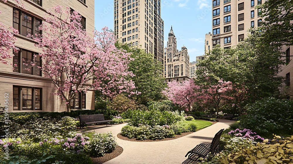 A beautiful garden scene within a city environment with buildings A beautiful garden scene within a city environment with buildings
