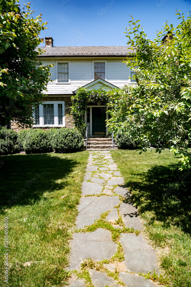 Fototapeta premium Long stone driveway into a house between rows of trees and lawn.