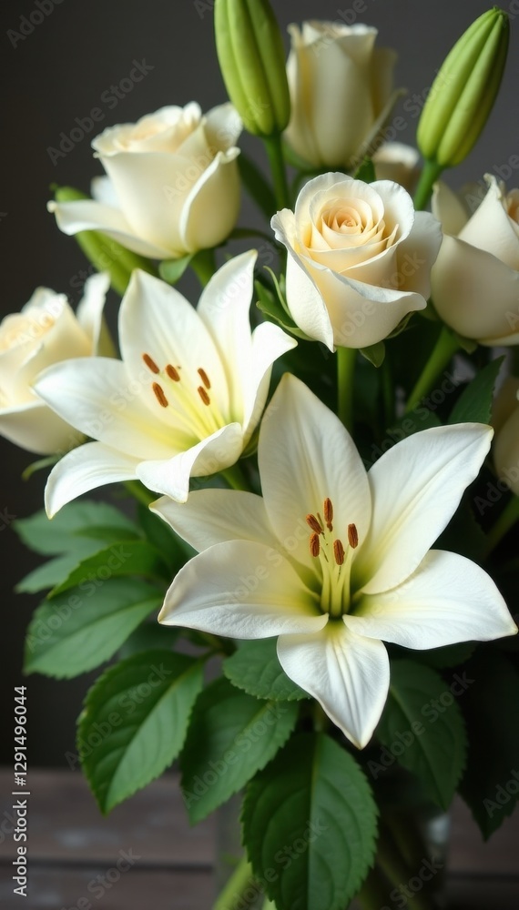Elegant cream roses and lilies bouquet, lush and romantic , bouquet arrangement, nature Elegant cream roses and lilies bouquet, lush and romantic , bouquet arrangement, nature