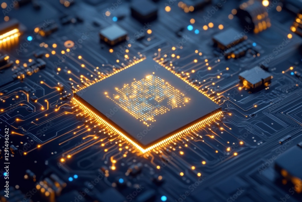 A highly detailed AI microchip, glowing in gold and blue hues, placed on a computer circuit board A highly detailed AI microchip, glowing in gold and blue hues, placed on a computer circuit board