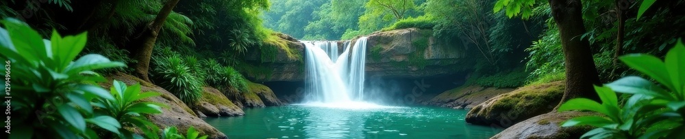 Fototapeta premium Emerald cascade plunges into lush jungle ravine, river, foliage