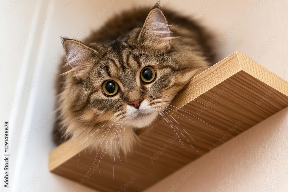 Adorable Cat Resting on Wooden Shelf with Bright Curious Eyes Adorable Cat Resting on Wooden Shelf with Bright Curious Eyes