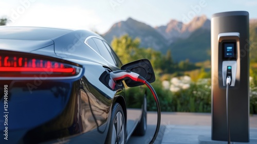 Eco-Friendly Electric Car Charging at Renewable Energy Station with Mountainous Backdrop – Promoting Sustainable Transport and Clean Energy Solutions photo