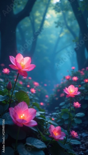 Ethereal blooms glow in a mystical garden, iridescent mist swirls , magical, ethereal, glow