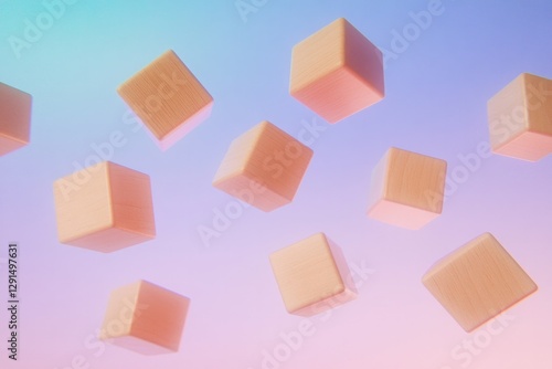 Floating cubes create serene atmosphere against pastel gradient