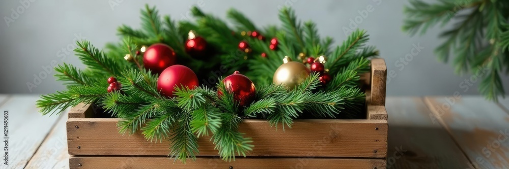 Rustic wooden crate filled with a pine branch wreath and colorful ornaments, Christmas decoration, Rustic wooden crate filled with a pine branch wreath and colorful ornaments, Christmas decoration,