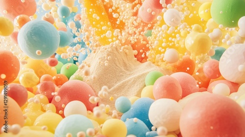Colorful spheres float in dreamlike scene, creating whimsical at
