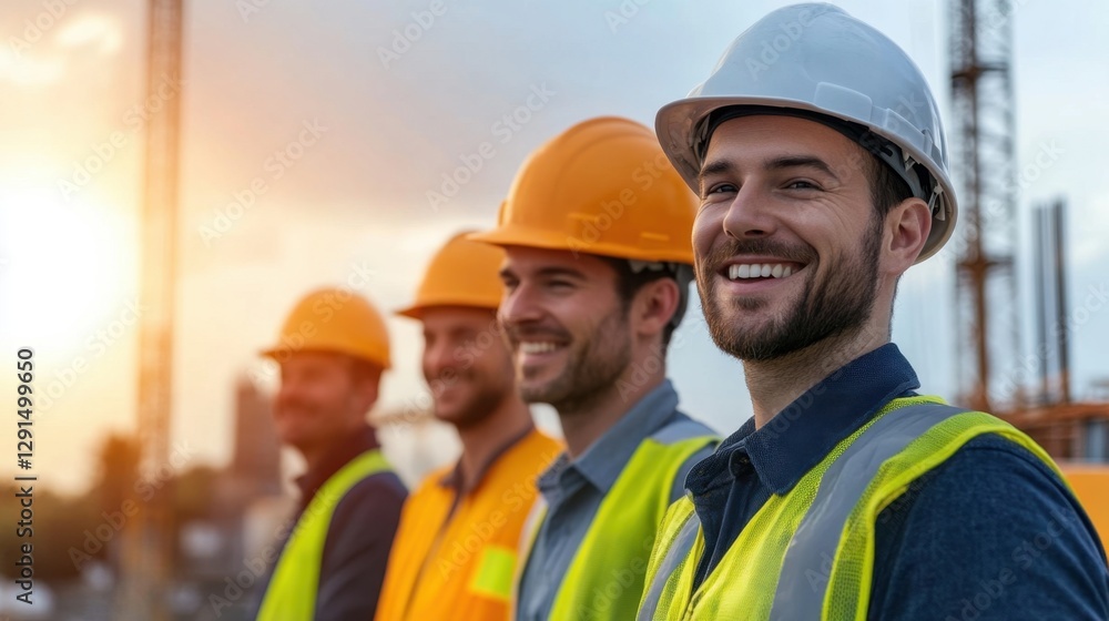 <Happy Construction Team: Diverse Workers in Hard Hats & Safety Gear at Sunset on Urban Worksite> <Happy Construction Team: Diverse Workers in Hard Hats & Safety Gear at Sunset on Urban Worksite>