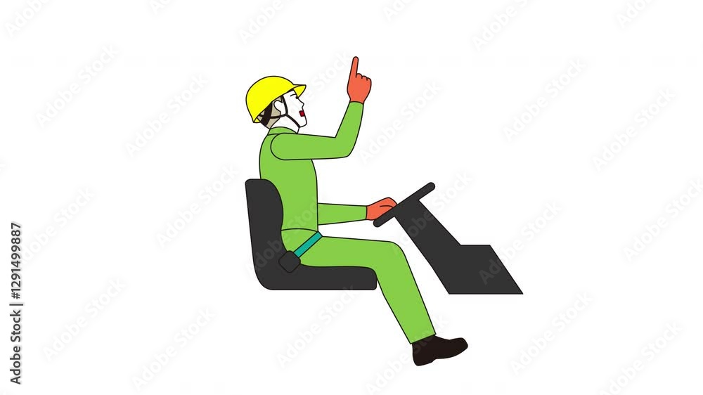 運転席のオペレーター作業員。指差しで安全確認するイラスト動画 運転席のオペレーター作業員。指差しで安全確認するイラスト動画