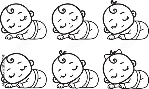 Cute sleeping baby vector illustration icons set. Newborn baby icon in flat outline and editable stroke line art.