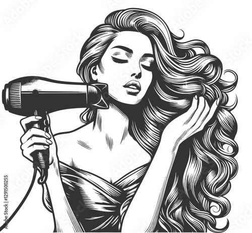Woman Drying Hair with Hairdryer vector