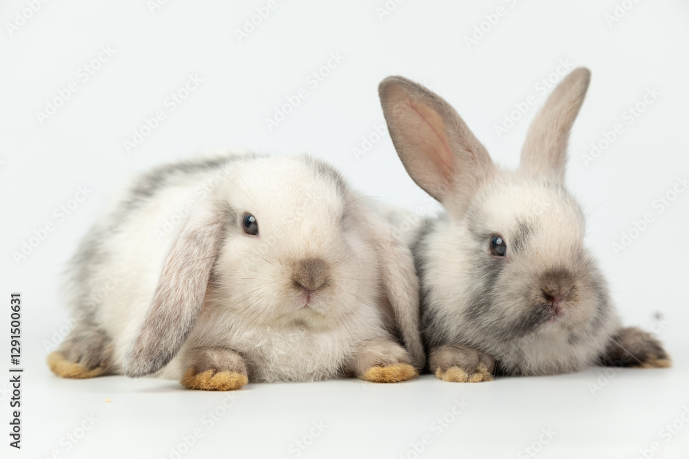 Obraz premium Baby bunny easter fluffy rabbits posing on white nature background on sunny day, Lovely mammal with beautiful bright eyes in nature life. Symbol animal of easter day. Healthy rabbit in many colours.