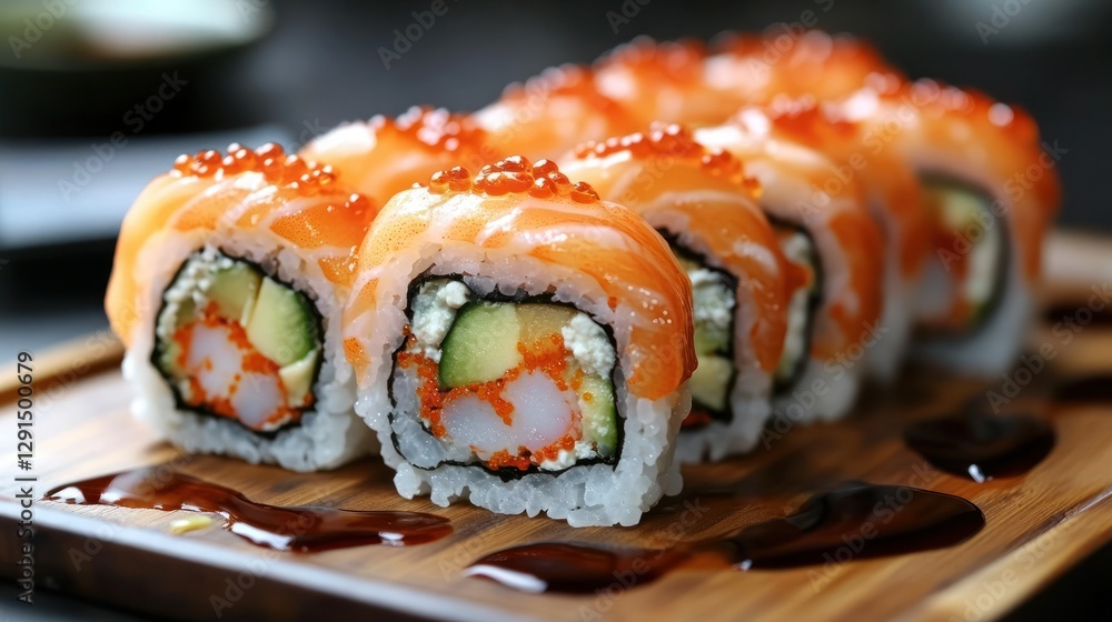Fresh salmon sushi rolls on wooden tray, with soy sauce drizzle, in restaurant Fresh salmon sushi rolls on wooden tray, with soy sauce drizzle, in restaurant