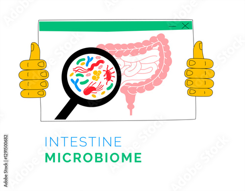 Intestine Microbiome Illustration with Magnified Bacteria and Digestive System.