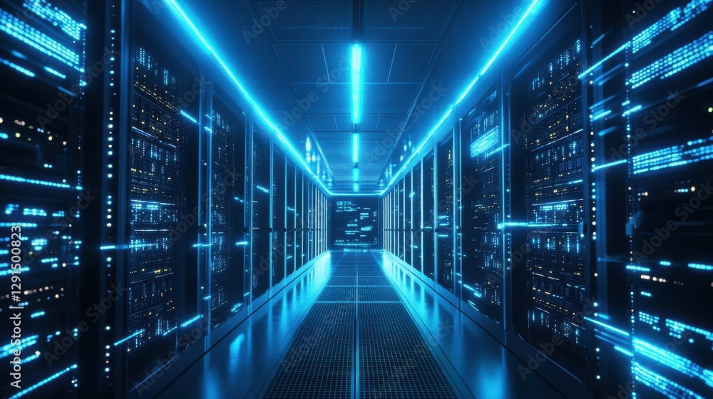 A powerful AI supercomputer processing vast amounts of data in a high-tech data center A powerful AI supercomputer processing vast amounts of data in a high-tech data center