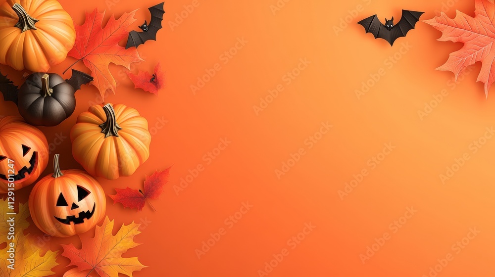 Pumpkins and bats on an orange background for halloween decoration and seasonal themes Pumpkins and bats on an orange background for halloween decoration and seasonal themes
