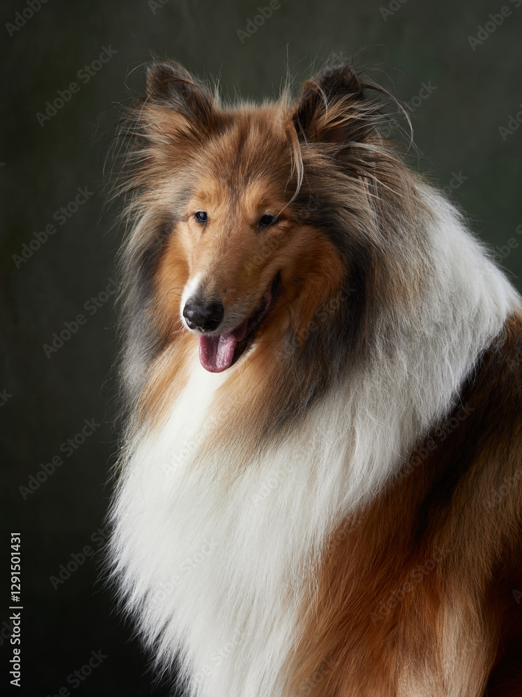 A Rough Collie sits with a composed and intelligent expression, framed against a softly lit dark green background. The luxurious coat and attentive gaze create a refined portrait. A Rough Collie sits with a composed and intelligent expression, framed against a softly lit dark green background. The luxurious coat and attentive gaze create a refined portrait.