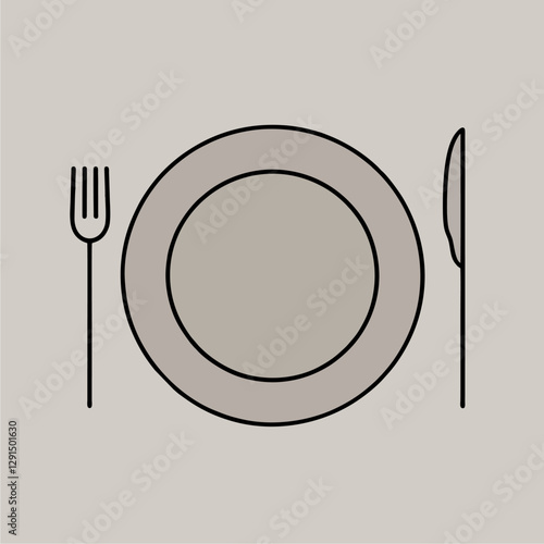 Simple linearSimple lineart illustration of a dining plate with a fork and knife, representing mealtime in a clean stylet illustration o...