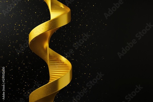 Golden ribbon spirals gracefully against dark backdrop, sparklin