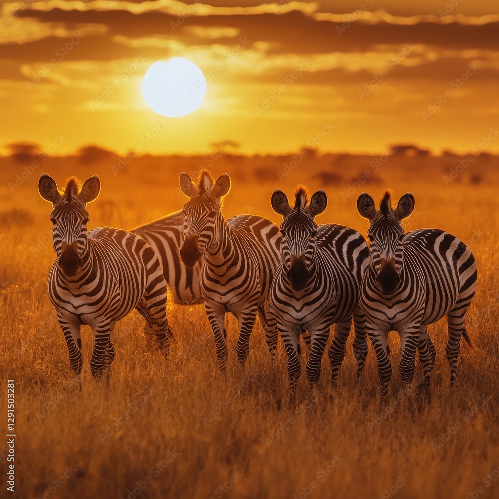 Fototapeta premium Four Zebras at Sunset in African Savanna
