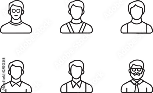Minimalistic person profile vector illustration icons set. Male icon in flat outline and editable stroke line art.