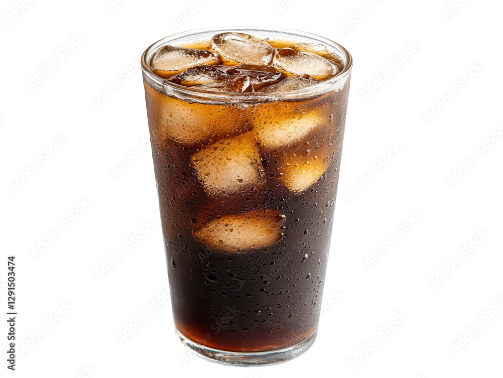 A glass of cola filled with ice cubes, showcasing condensation on the surface. A glass of cola filled with ice cubes, showcasing condensation on the surface.