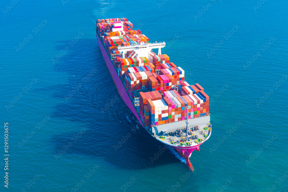 Fototapeta premium Aerial view of International Containers Cargo ship in the blue ocean,Freight Transportation,Shipping,Nautical Vessel. Logistics import export Container Cargo ship over sea. OverseaTransport business.