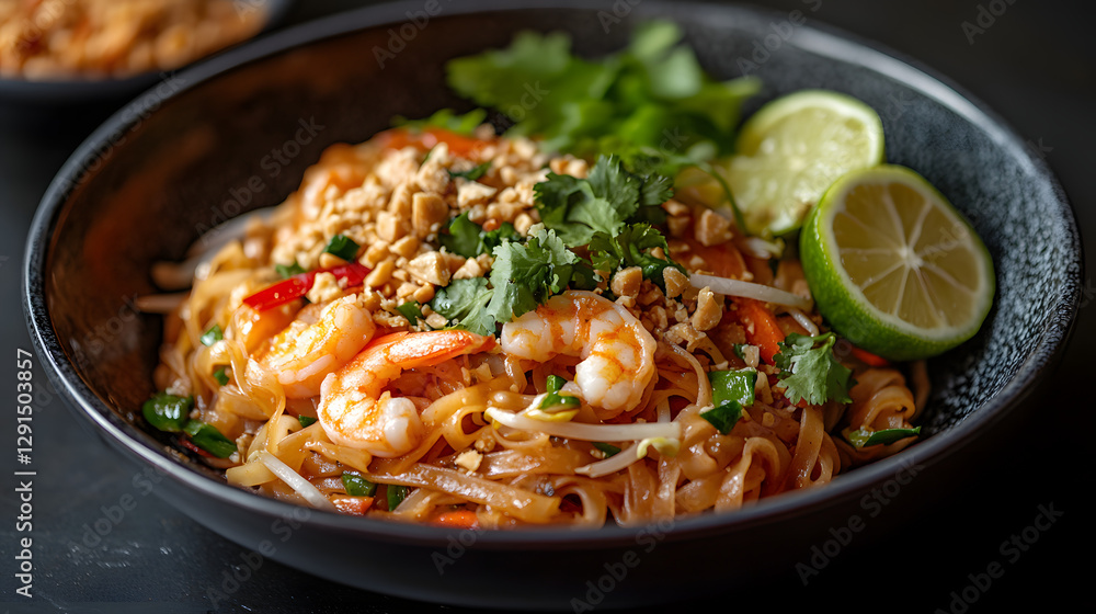 Exquisite Pad Thai: A vibrant and appetizing overhead shot of Pad Thai, featuring delicious noodles, succulent shrimp, crunchy peanuts, fresh lime, and fragrant cilantro. Exquisite Pad Thai: A vibrant and appetizing overhead shot of Pad Thai, featuring delicious noodles, succulent shrimp, crunchy peanuts, fresh lime, and fragrant cilantro.